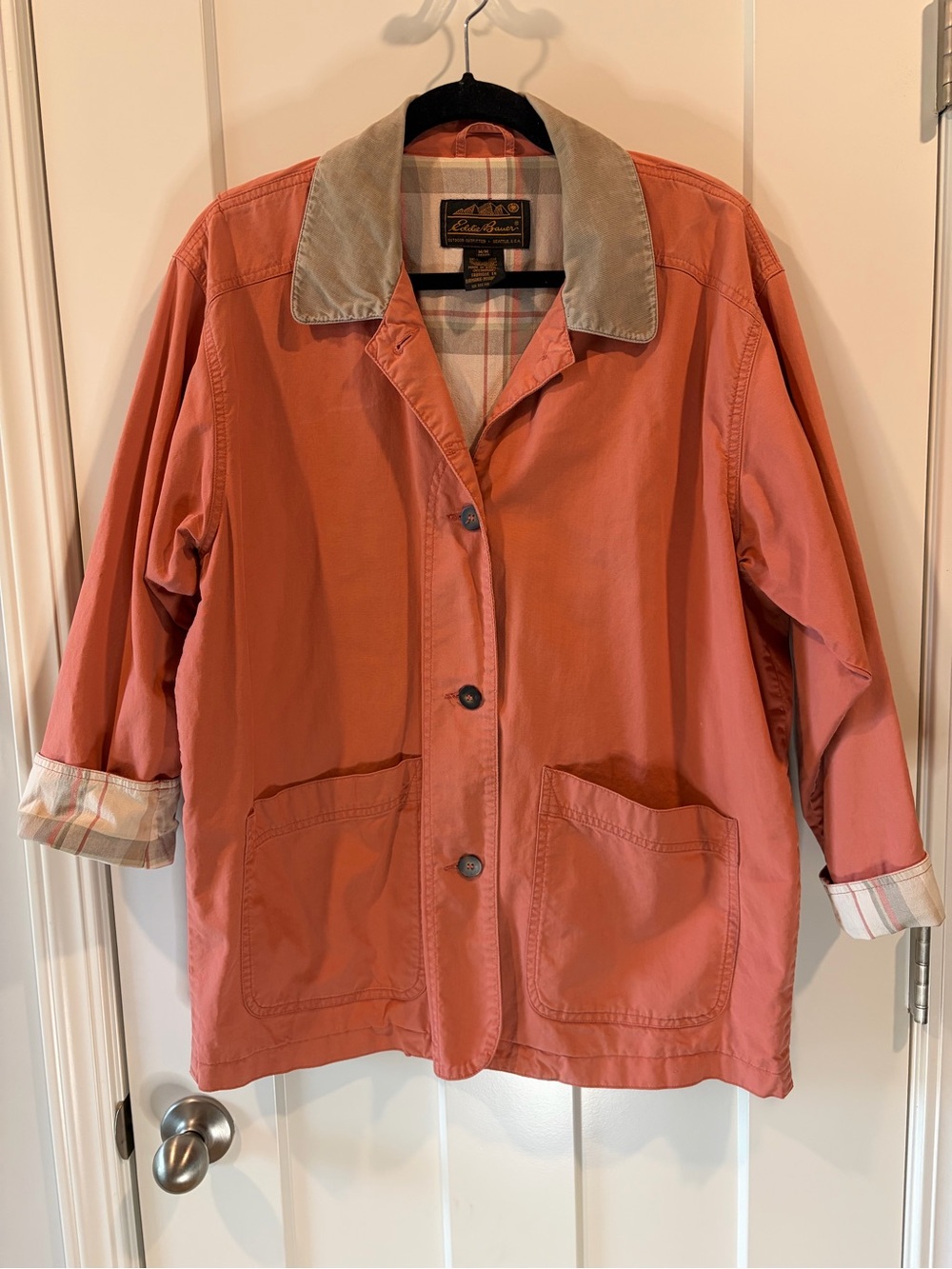 Eddie Bauer 90’s Women's Salmon Pink Barn Jacket with Contrast Collar & Plaid